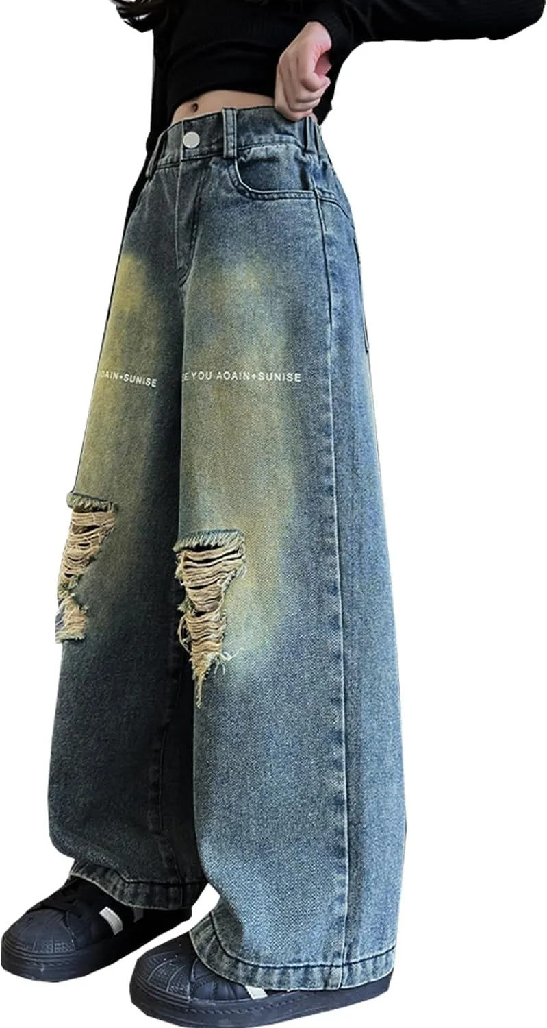 Girls Ripped Jeans Casual Elastic Waist Wide Leg Baggy Pants Kids Clothes 5-14 Years
