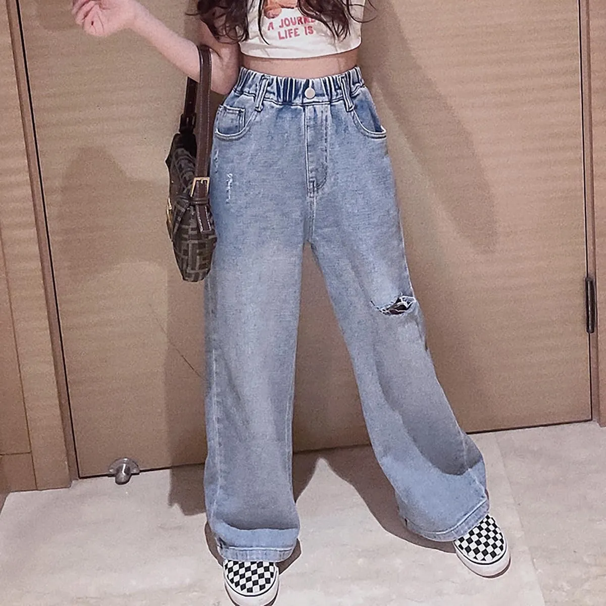 Girls Ripped Jeans Casual Elastic Waist Wide Leg Baggy Pants Kids Clothes 5-14 Years