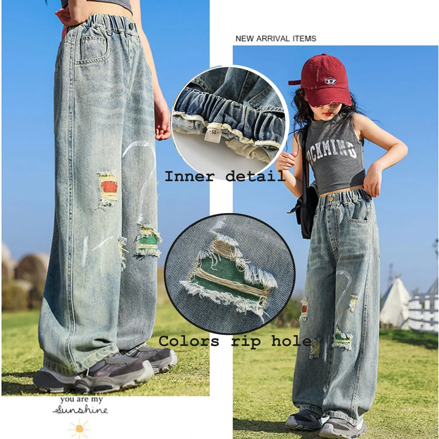 Girls Ripped Jeans Casual Elastic Waist Wide Leg Baggy Pants Kids Clothes 5-14 Years