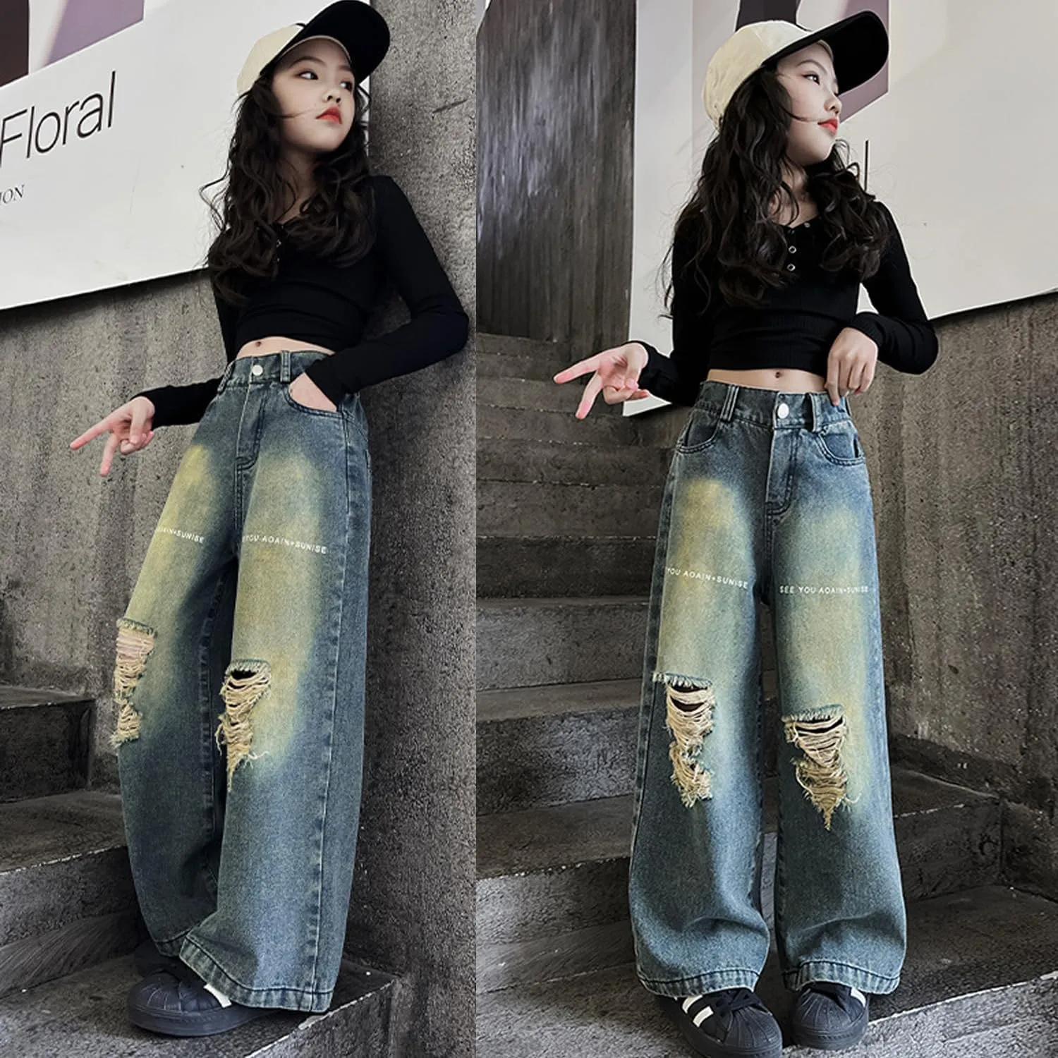 Girls Ripped Jeans Casual Elastic Waist Wide Leg Baggy Pants Kids Clothes 5-14 Years