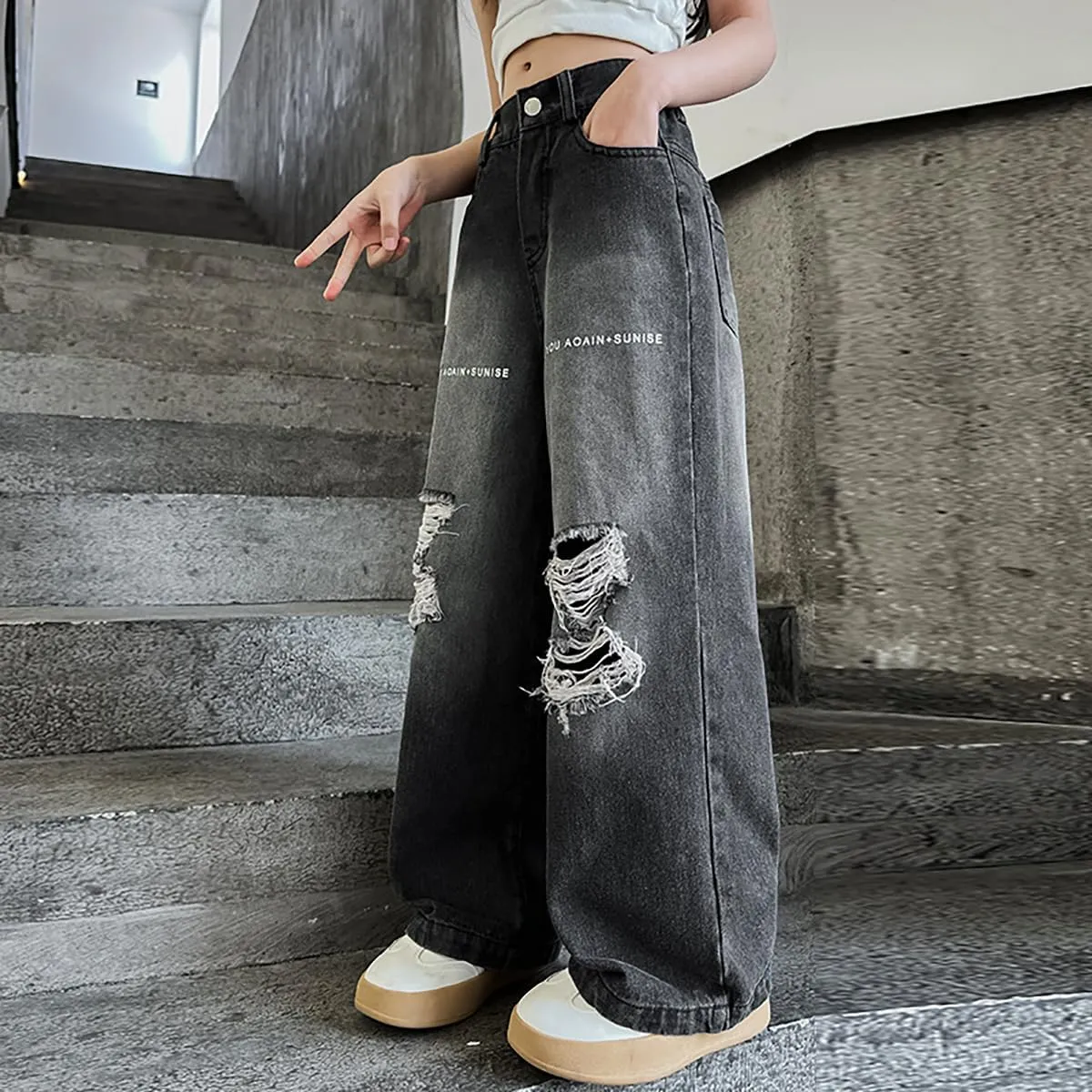 Girls Ripped Jeans Casual Elastic Waist Wide Leg Baggy Pants Kids Clothes 5-14 Years
