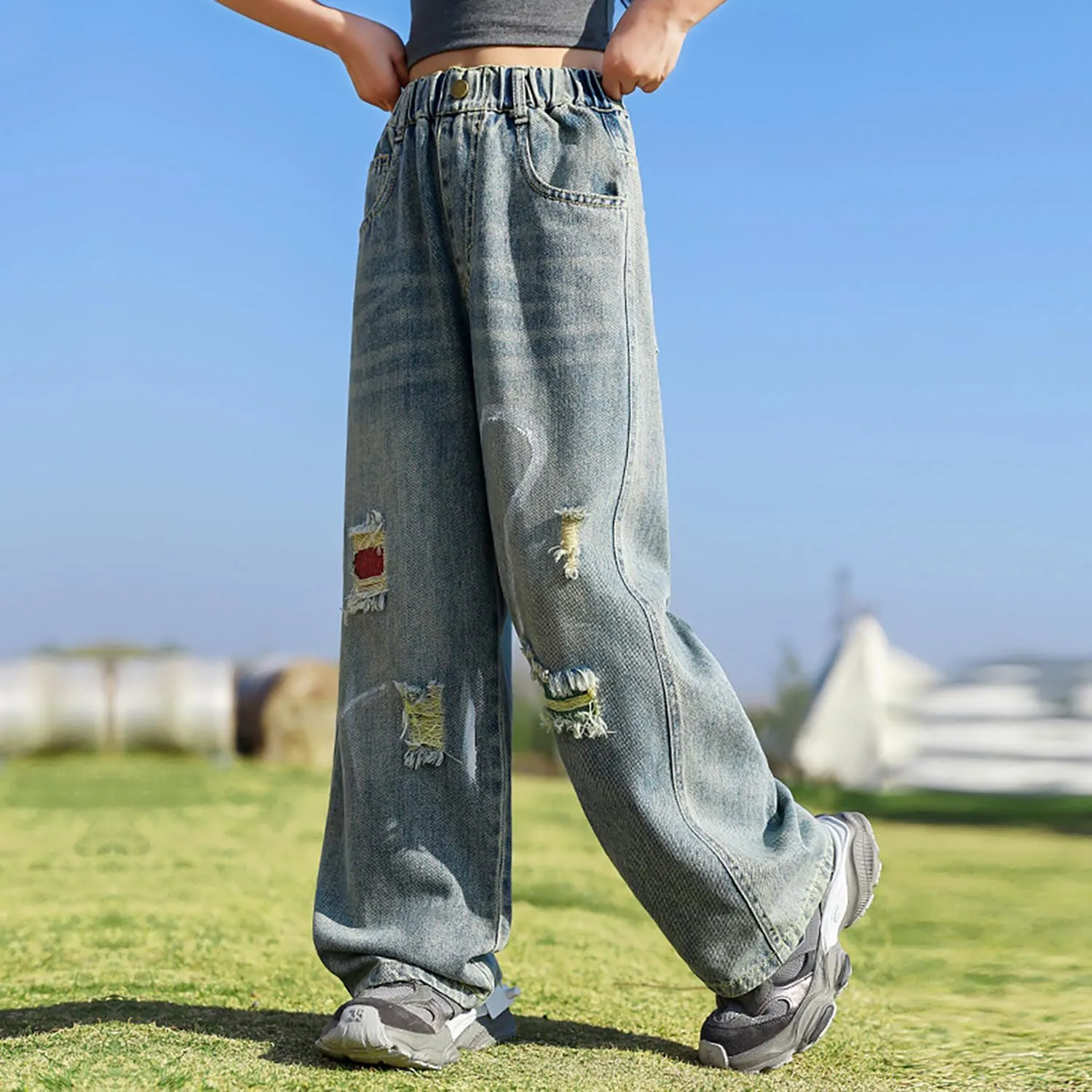 Girls Ripped Jeans Casual Elastic Waist Wide Leg Baggy Pants Kids Clothes 5-14 Years