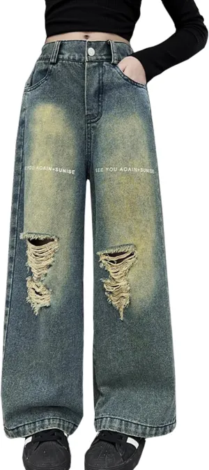 Girls Ripped Jeans Casual Elastic Waist Wide Leg Baggy Pants Kids Clothes 5-14 Years