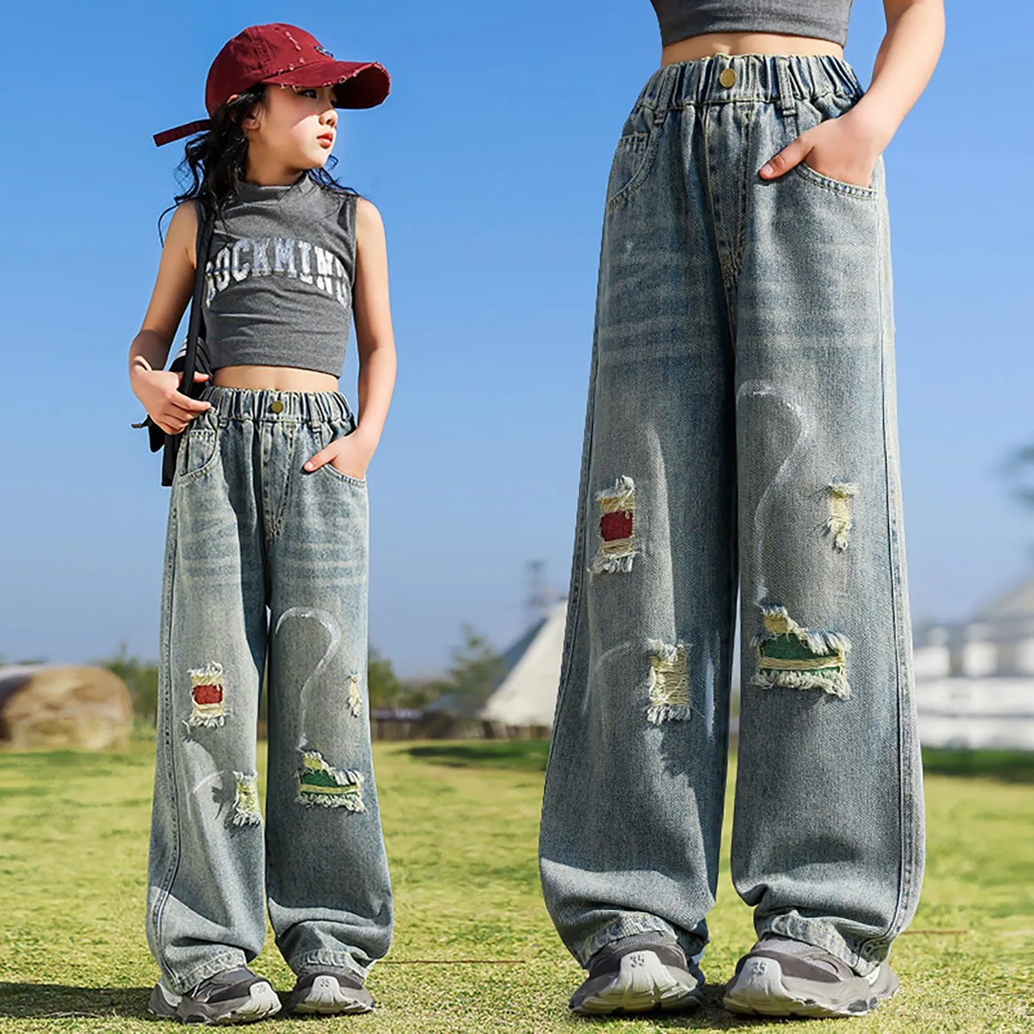 Girls Ripped Jeans Casual Elastic Waist Wide Leg Baggy Pants Kids Clothes 5-14 Years