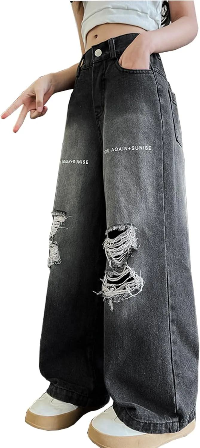 Girls Ripped Jeans Casual Elastic Waist Wide Leg Baggy Pants Kids Clothes 5-14 Years