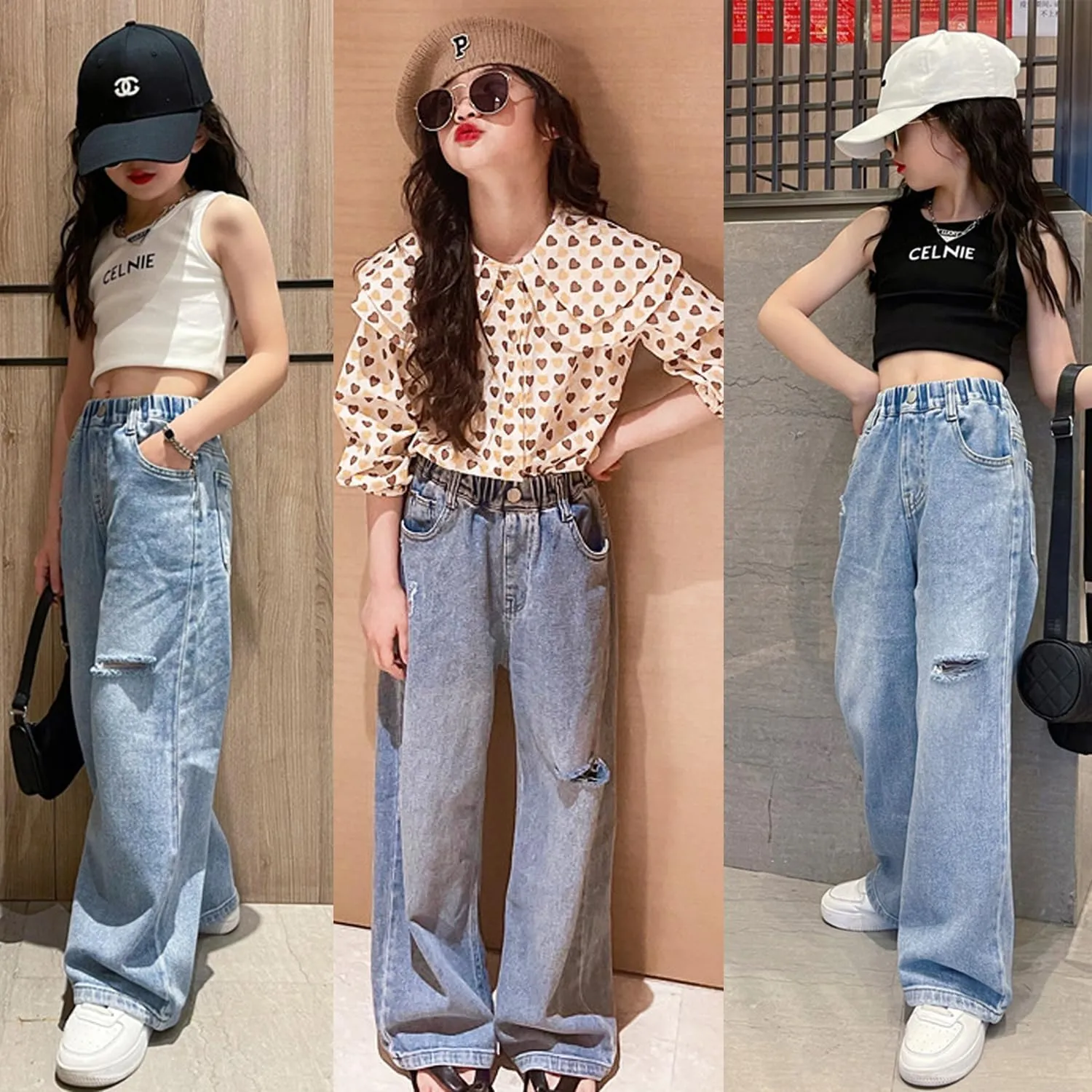Girls Ripped Jeans Casual Elastic Waist Wide Leg Baggy Pants Kids Clothes 5-14 Years