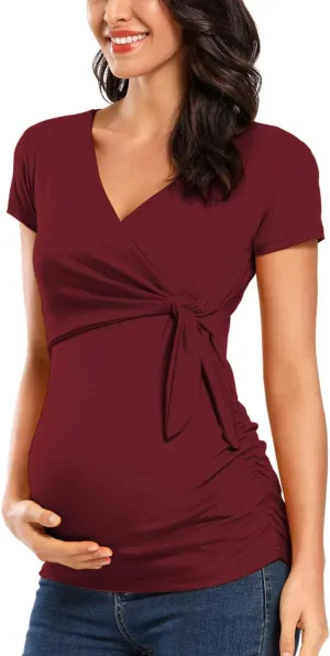 Glampunch Women's Maternity Shirts Short & Long Sleeve Tie Front Wrap Maternity Tops