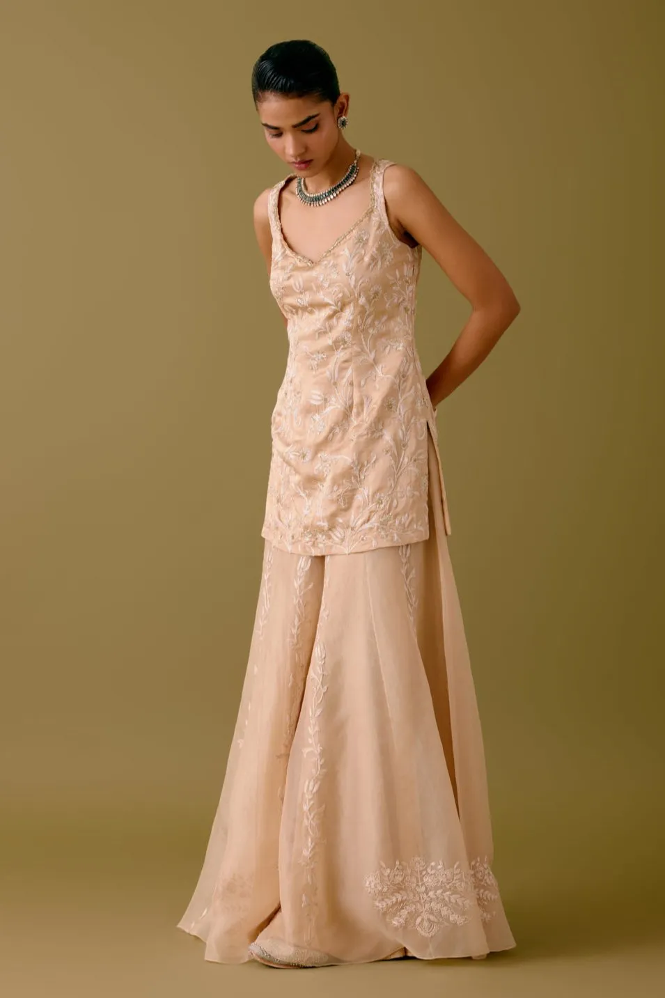 Golden Beige Dori Embroidered Sharara Set