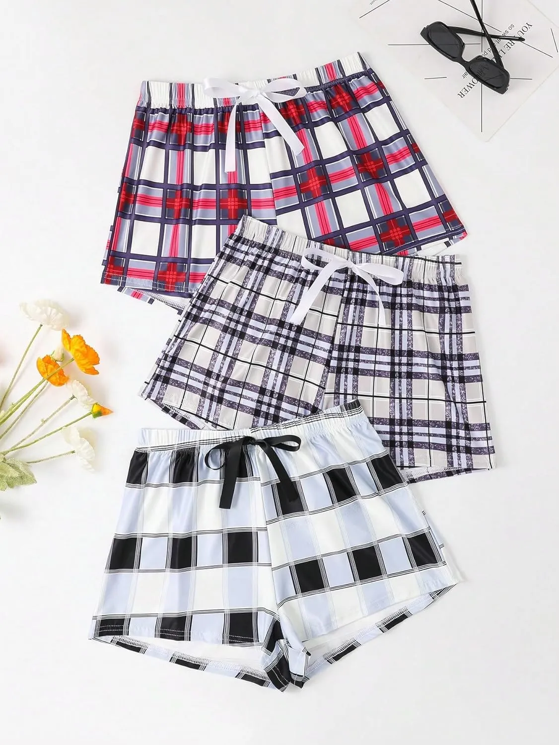 GORGLITTER Women's 3 Piece Plaid Pajama Shorts Elastic Waist Cute Pj Shorts
