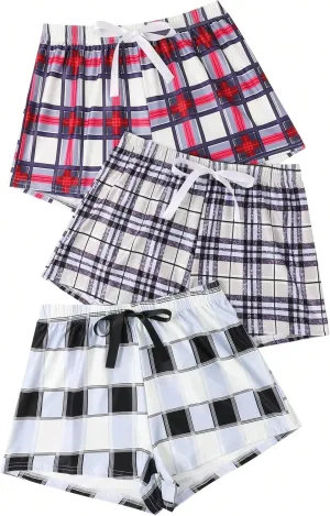GORGLITTER Women's 3 Piece Plaid Pajama Shorts Elastic Waist Cute Pj Shorts
