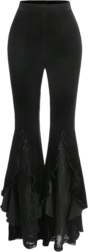 GORGLITTER Women's Fall Lace Gothic Y2K Pants Velvet Bell Bottom Pant Elastic Waisted Flared Leggings