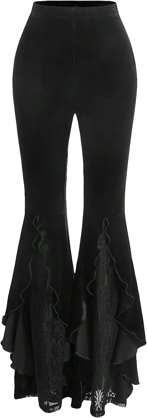 GORGLITTER Women's Fall Lace Gothic Y2K Pants Velvet Bell Bottom Pant Elastic Waisted Flared Leggings