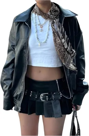 GORGLITTER Women's Oversized Leather Jackets Fashion Motorcycle Coats y2K Winter Outfits