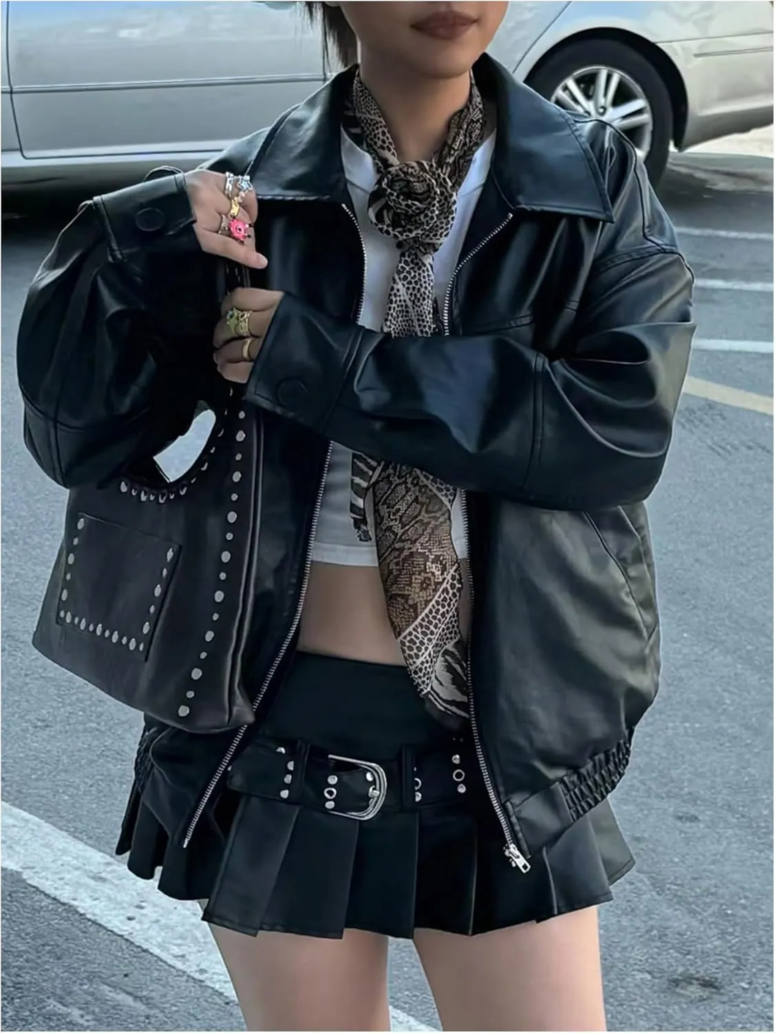 GORGLITTER Women's Oversized Leather Jackets Fashion Motorcycle Coats y2K Winter Outfits
