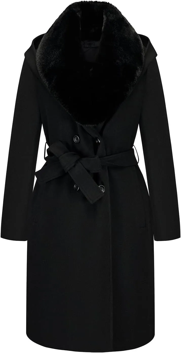 GRAN ORIENTE Winter Mid Length Woolen Pea Coats Trench For Women with Warm Down Vest and Faux Fur Collar