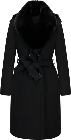 GRAN ORIENTE Winter Mid Length Woolen Pea Coats Trench For Women with Warm Down Vest and Faux Fur Collar
