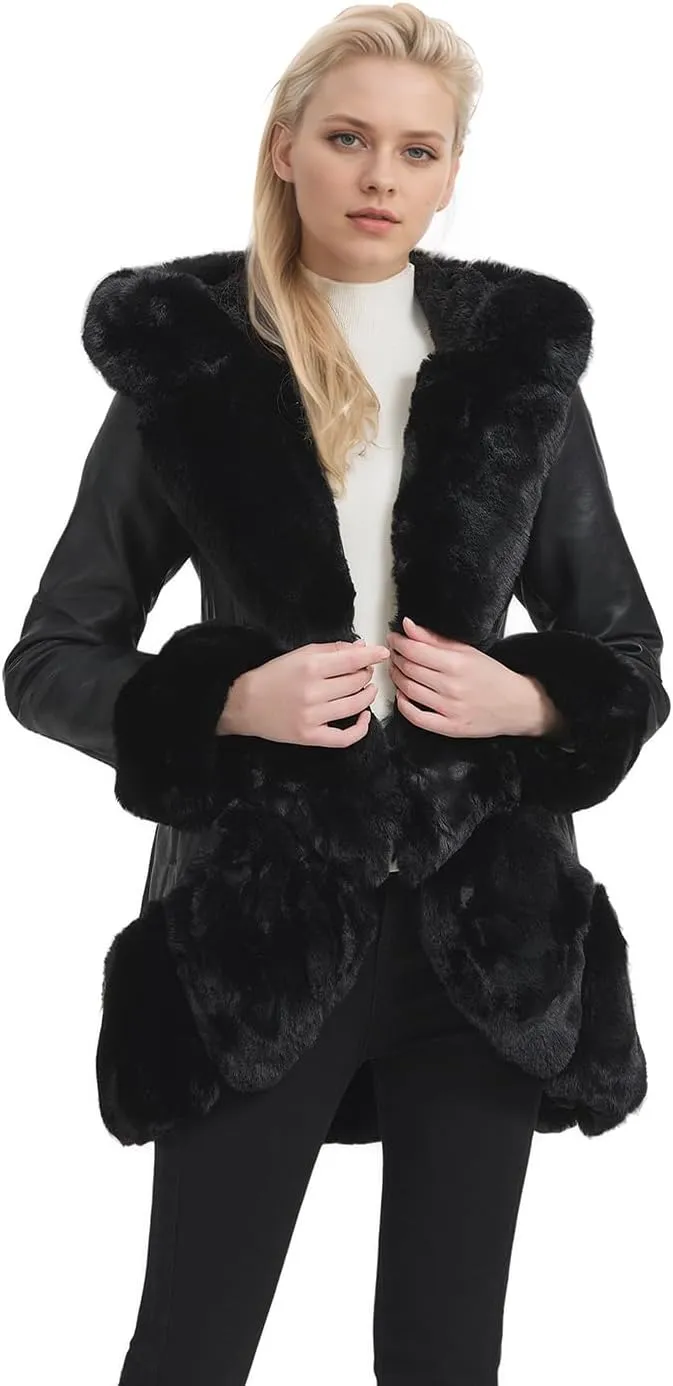 GRAN ORIENTE Women's Faux Leather Coat with Faux Fur Collar,Winter Warm Belted Mid Length Trim Jacket Fur Lined with Hood