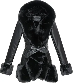 GRAN ORIENTE Women's Faux Leather Coat with Faux Fur Collar,Winter Warm Belted Mid Length Trim Jacket Fur Lined with Hood