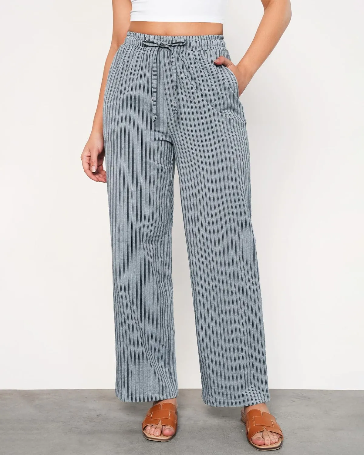 GRAPENT Striped Pants for Women High Waisted Wide Leg Cotton Linen Trendy Beach Pull On Elastic Waist Casual Flowy Pants