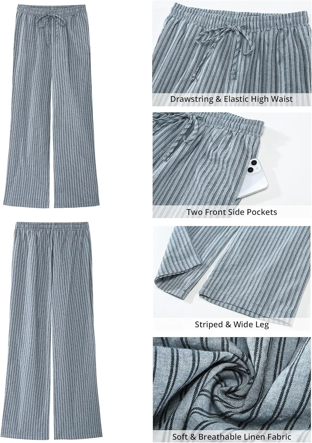 GRAPENT Striped Pants for Women High Waisted Wide Leg Cotton Linen Trendy Beach Pull On Elastic Waist Casual Flowy Pants
