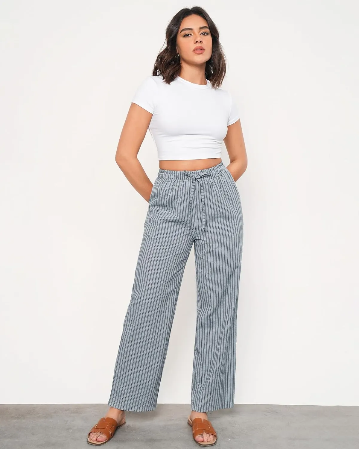 GRAPENT Striped Pants for Women High Waisted Wide Leg Cotton Linen Trendy Beach Pull On Elastic Waist Casual Flowy Pants