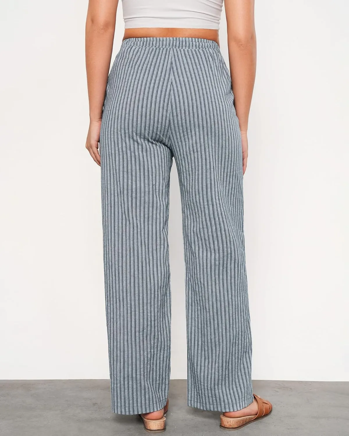 GRAPENT Striped Pants for Women High Waisted Wide Leg Cotton Linen Trendy Beach Pull On Elastic Waist Casual Flowy Pants