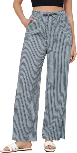 GRAPENT Striped Pants for Women High Waisted Wide Leg Cotton Linen Trendy Beach Pull On Elastic Waist Casual Flowy Pants