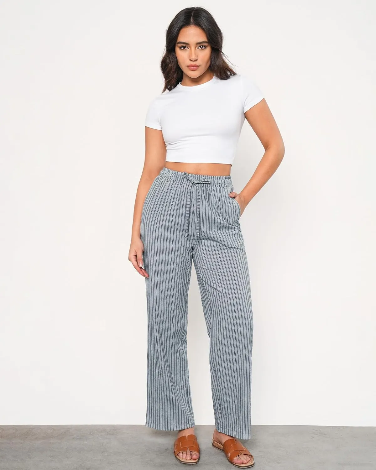GRAPENT Striped Pants for Women High Waisted Wide Leg Cotton Linen Trendy Beach Pull On Elastic Waist Casual Flowy Pants