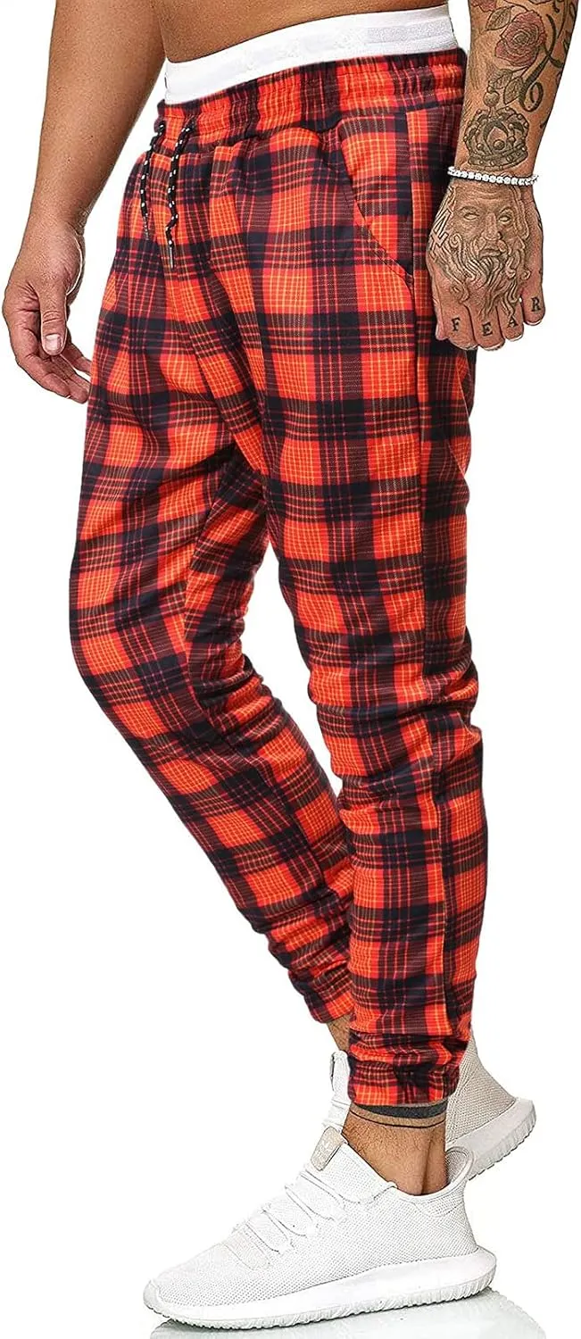 GTHTTT Men's Fashion Plaid Pants Chinos Casual Trousers Slim Fit Drawstring Tapered Stretch Workout Jogger Sweatpants Plaid