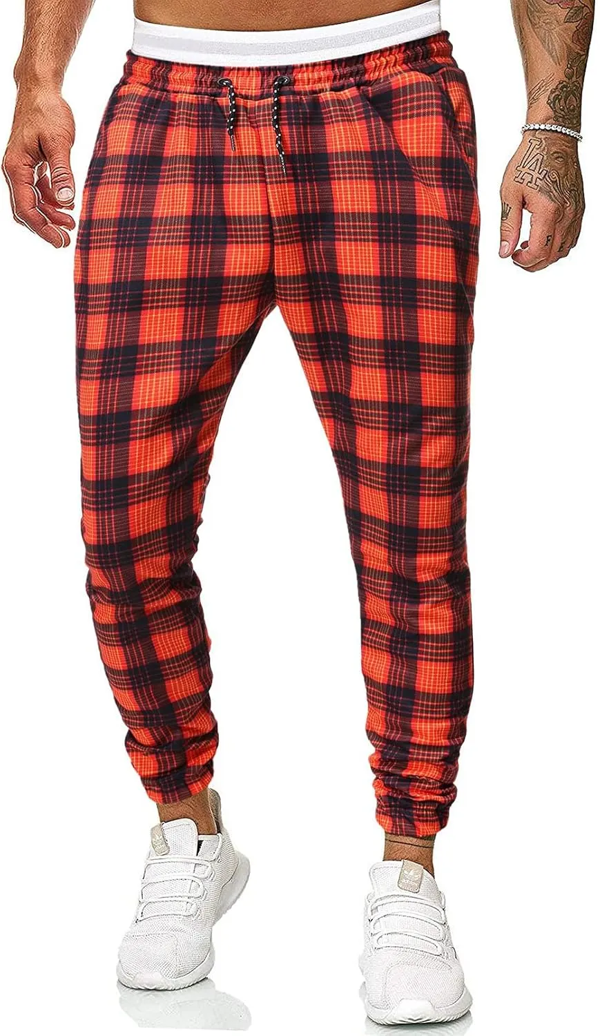 GTHTTT Men's Fashion Plaid Pants Chinos Casual Trousers Slim Fit Drawstring Tapered Stretch Workout Jogger Sweatpants Plaid