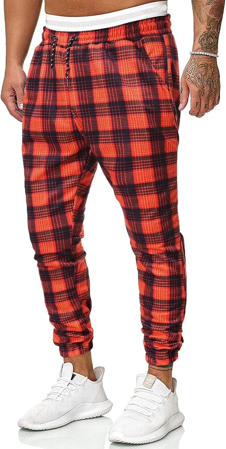 GTHTTT Men's Fashion Plaid Pants Chinos Casual Trousers Slim Fit Drawstring Tapered Stretch Workout Jogger Sweatpants Plaid