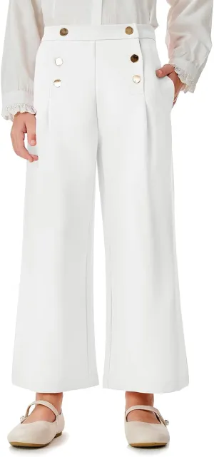 Haloumoning Girls Wide Leg Pants Kids Fashion Elastic Waist Front Button Trousers with Pockets 5-14 Years
