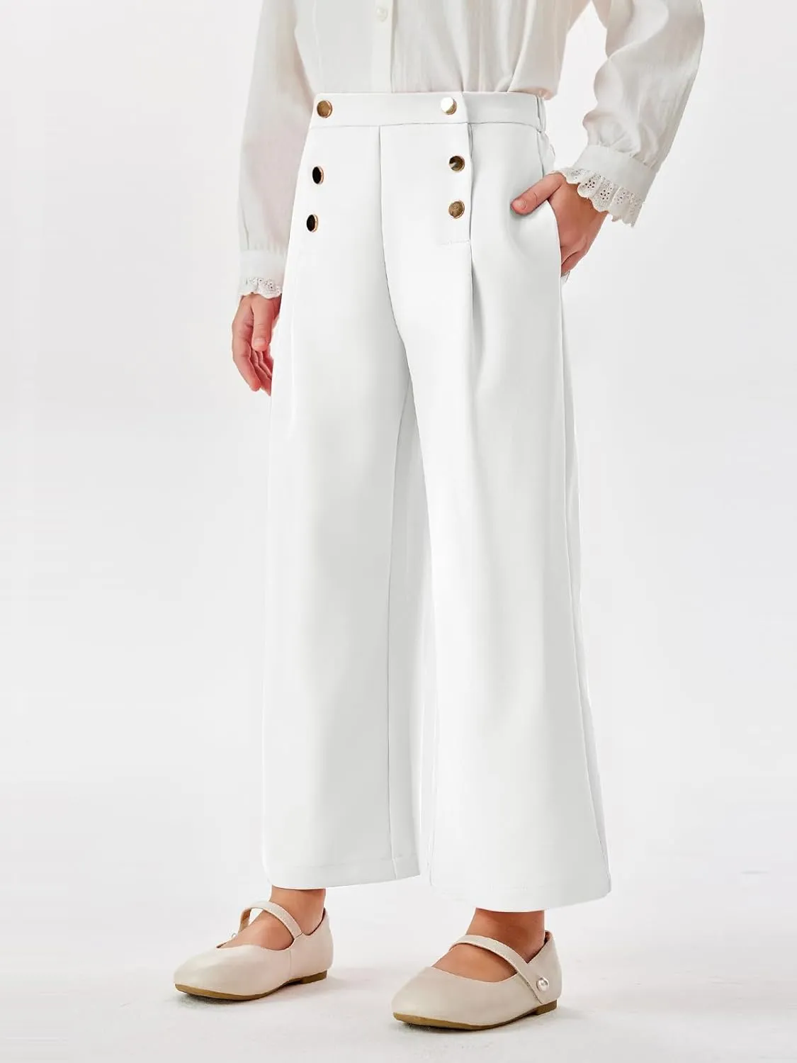Haloumoning Girls Wide Leg Pants Kids Fashion Elastic Waist Front Button Trousers with Pockets 5-14 Years