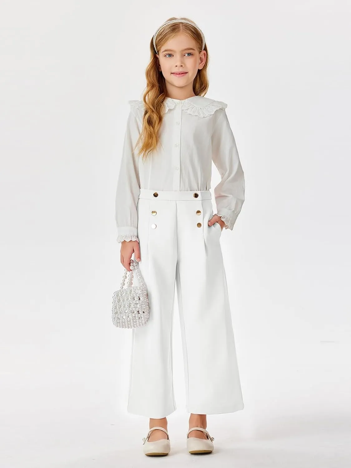 Haloumoning Girls Wide Leg Pants Kids Fashion Elastic Waist Front Button Trousers with Pockets 5-14 Years