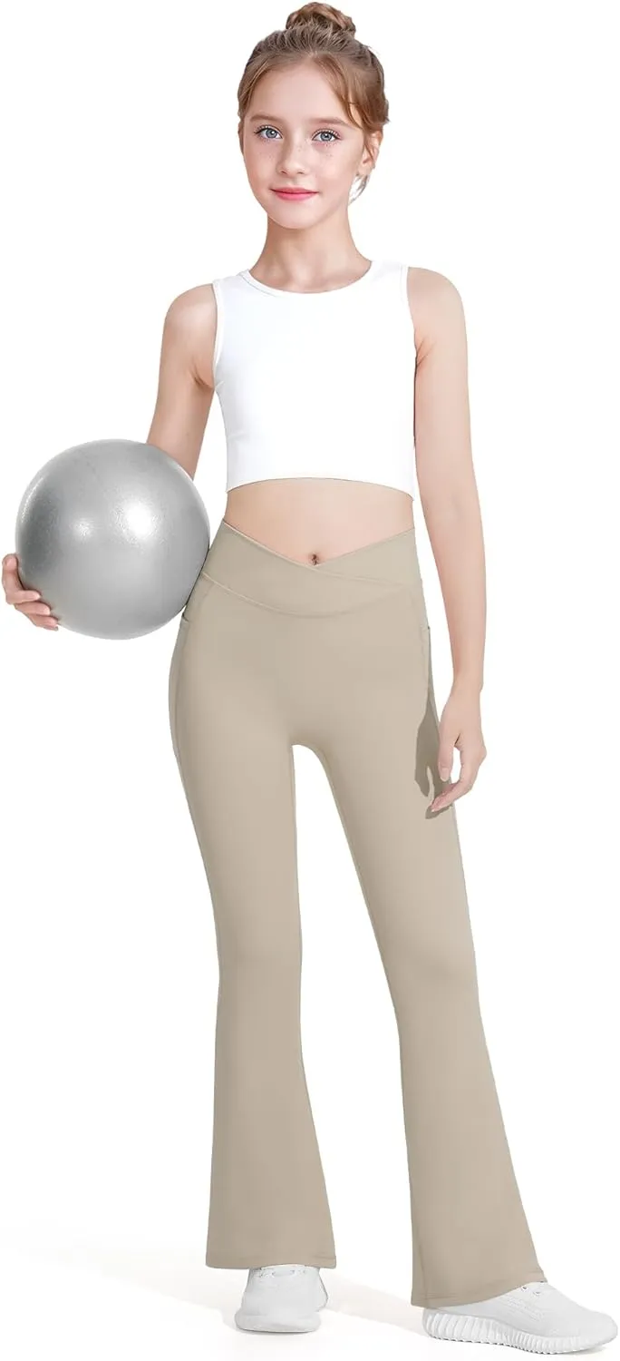HASMES Girls Flare Leggings with Pockets Kids Bell Bottom High Waisted Flare Yoga Pants for Dance Activewear