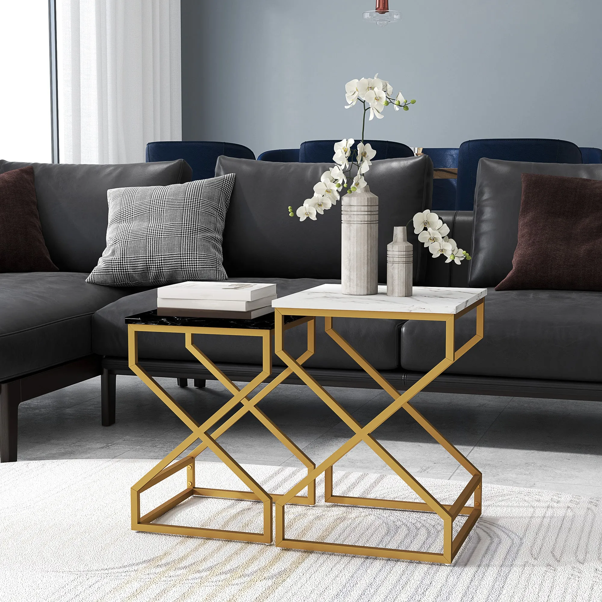 HOMCOM Nest Of Tables, Coffee Table Set with Steel Frame Black/White