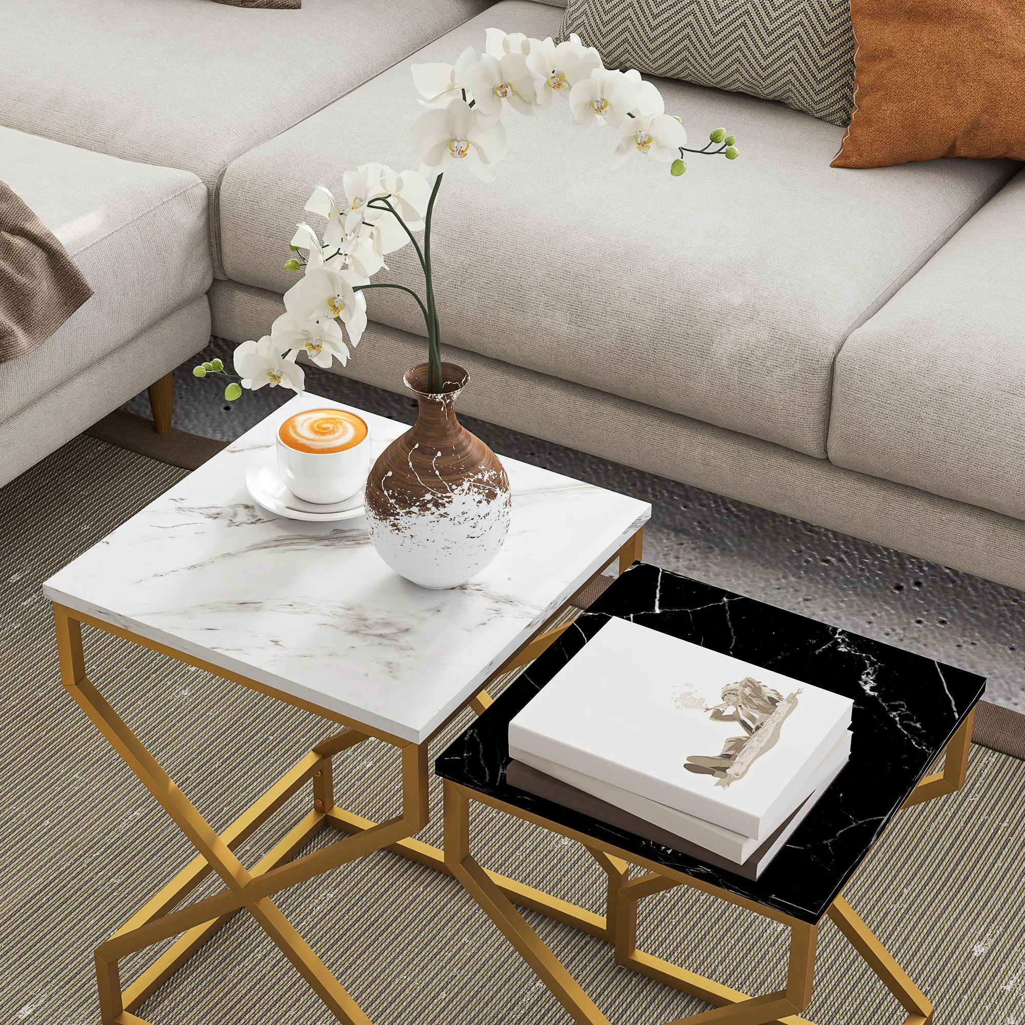 HOMCOM Nest Of Tables, Coffee Table Set with Steel Frame Black/White