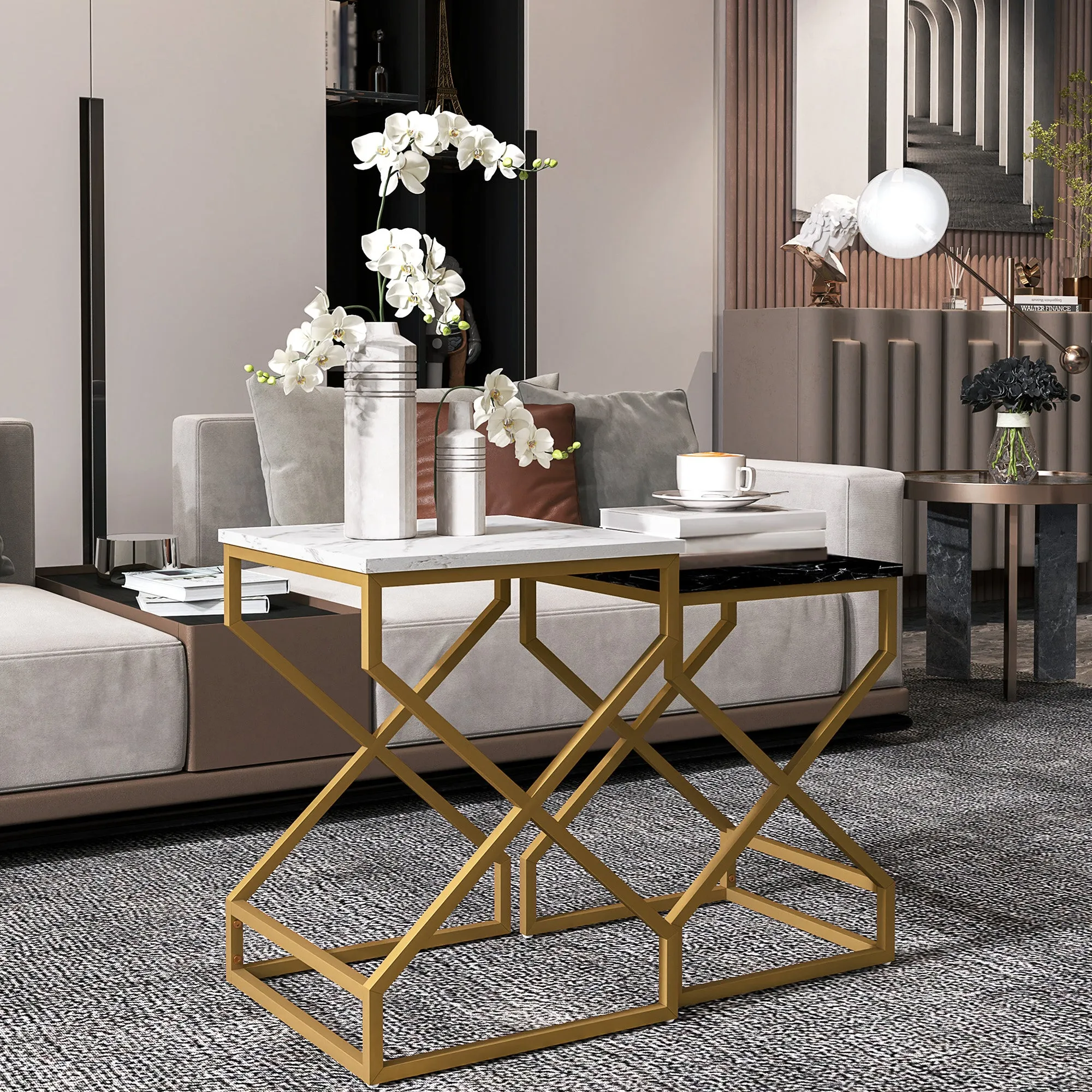 HOMCOM Nest Of Tables, Coffee Table Set with Steel Frame Black/White