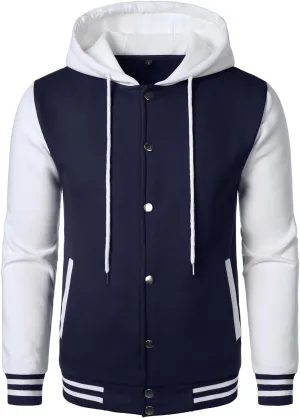HOOD CREW Hooded Varsity Bomber Jacket Cotton Blend Letterman Hoodie Baseball Jackets for Men