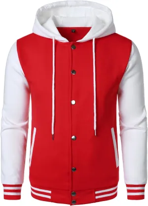 HOOD CREW Hooded Varsity Bomber Jacket Cotton Blend Letterman Hoodie Baseball Jackets for Men