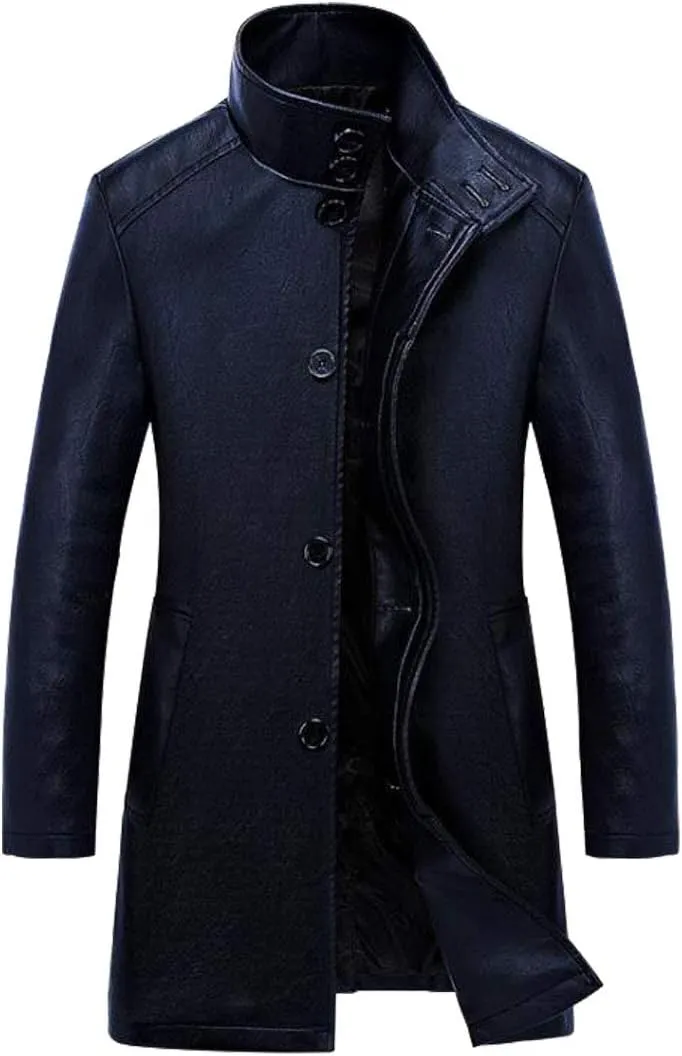 HZCX FASHION Men's Faux Leather Jacket PU Motorcycle Leather Belt Trench Coats