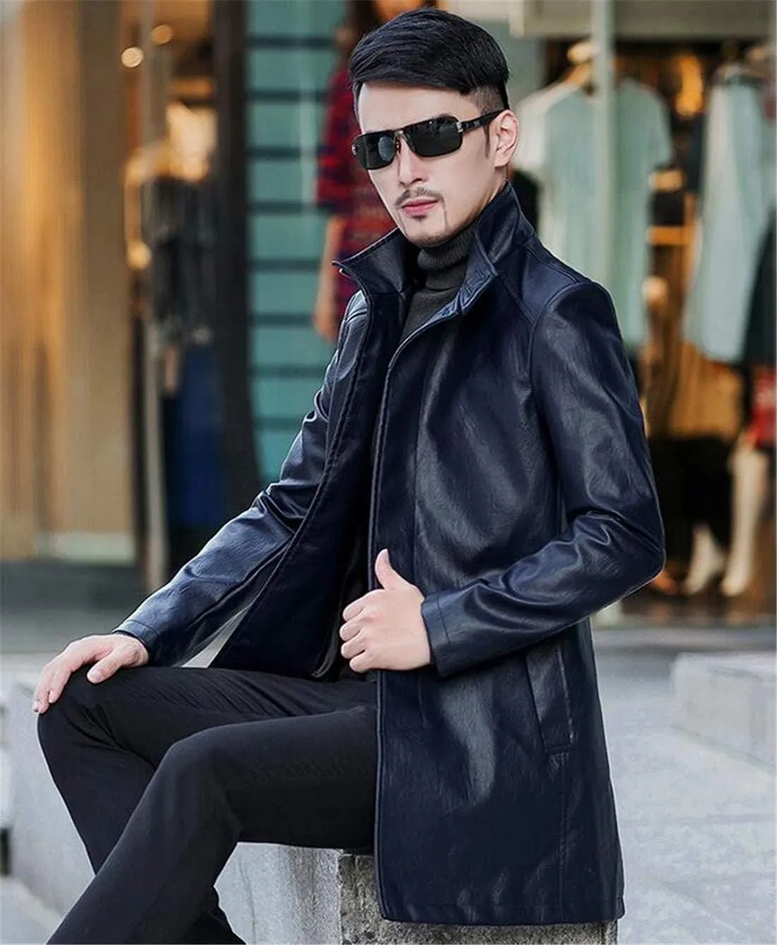 HZCX FASHION Men's Faux Leather Jacket PU Motorcycle Leather Belt Trench Coats