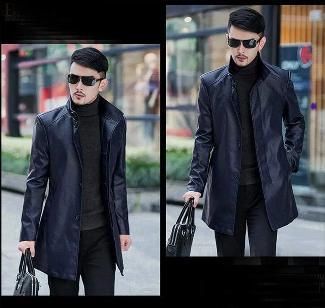 HZCX FASHION Men's Faux Leather Jacket PU Motorcycle Leather Belt Trench Coats