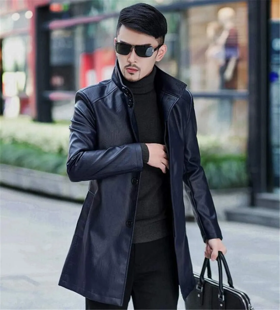 HZCX FASHION Men's Faux Leather Jacket PU Motorcycle Leather Belt Trench Coats