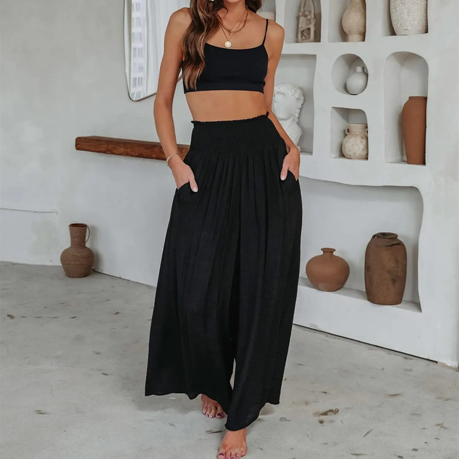 ICNGLKSND Women's Casual Comfy Pant Wide Leg Palazzo Lounge Pants Smock Elastic High Waist Flared Bell Bottom Cotton Trouser