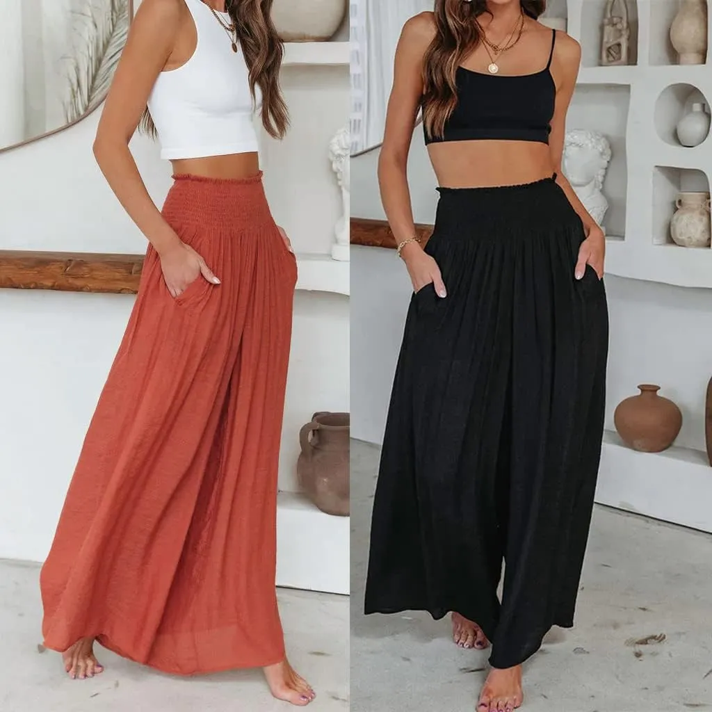ICNGLKSND Women's Casual Comfy Pant Wide Leg Palazzo Lounge Pants Smock Elastic High Waist Flared Bell Bottom Cotton Trouser