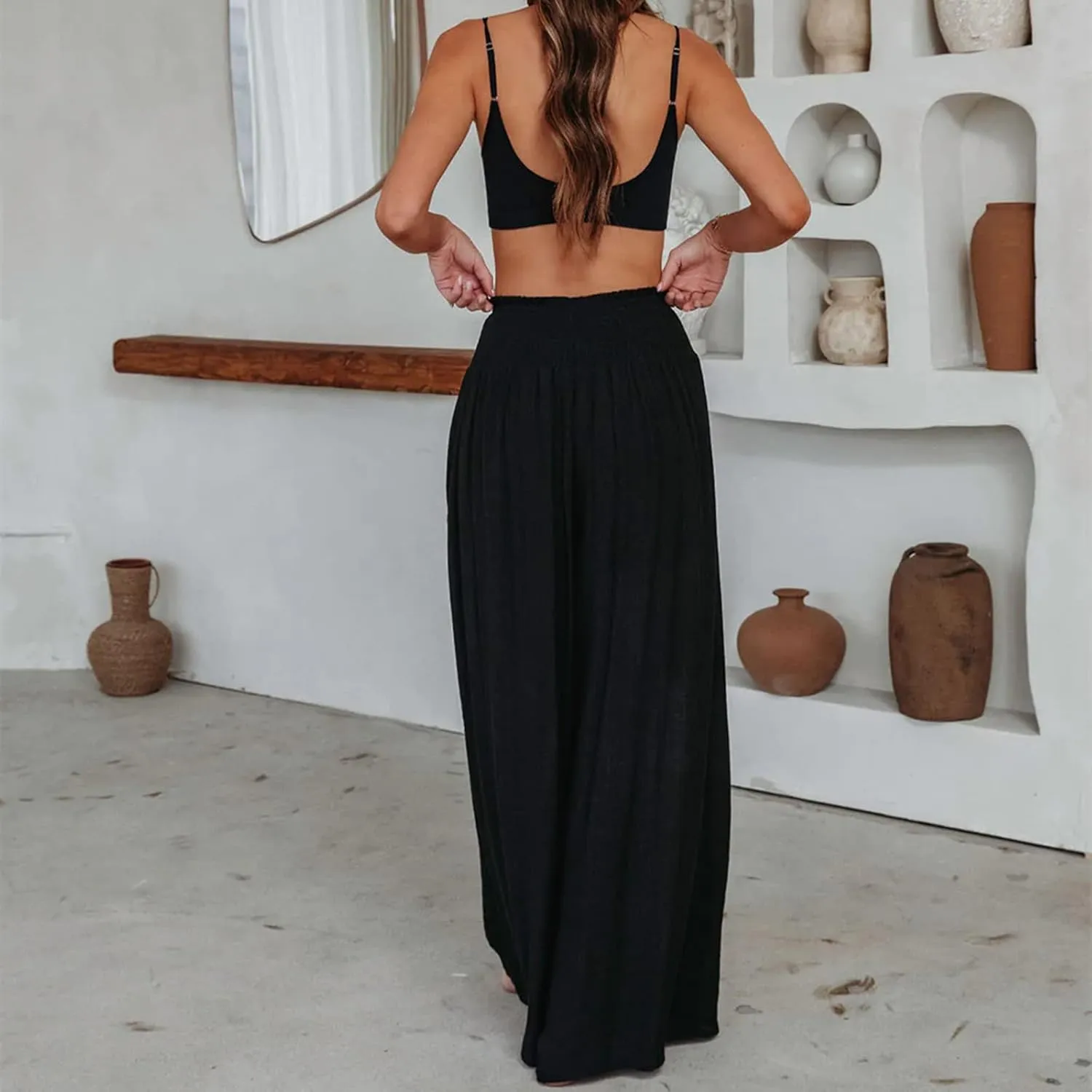 ICNGLKSND Women's Casual Comfy Pant Wide Leg Palazzo Lounge Pants Smock Elastic High Waist Flared Bell Bottom Cotton Trouser