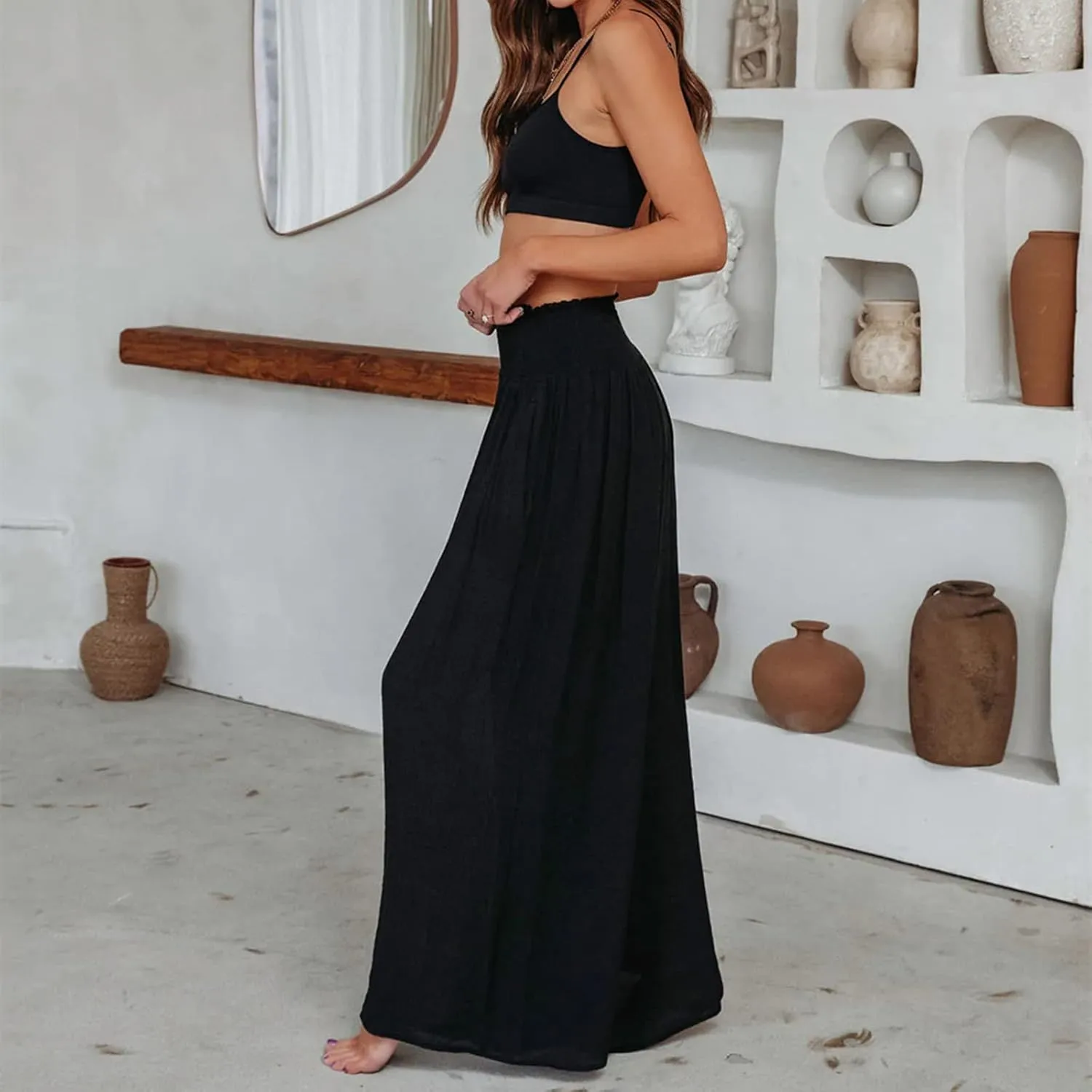 ICNGLKSND Women's Casual Comfy Pant Wide Leg Palazzo Lounge Pants Smock Elastic High Waist Flared Bell Bottom Cotton Trouser