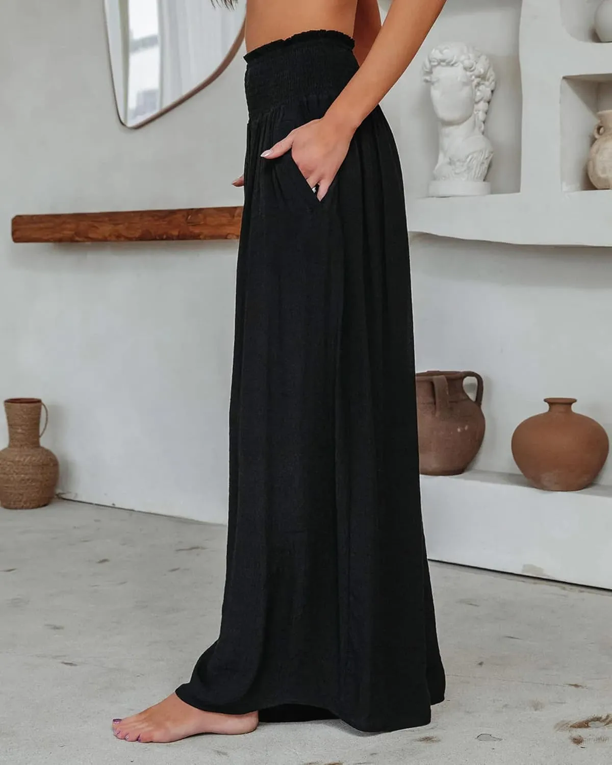 ICNGLKSND Women's Casual Comfy Pant Wide Leg Palazzo Lounge Pants Smock Elastic High Waist Flared Bell Bottom Cotton Trouser