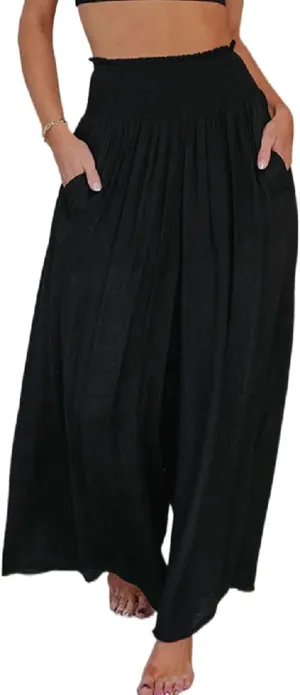 ICNGLKSND Women's Casual Comfy Pant Wide Leg Palazzo Lounge Pants Smock Elastic High Waist Flared Bell Bottom Cotton Trouser